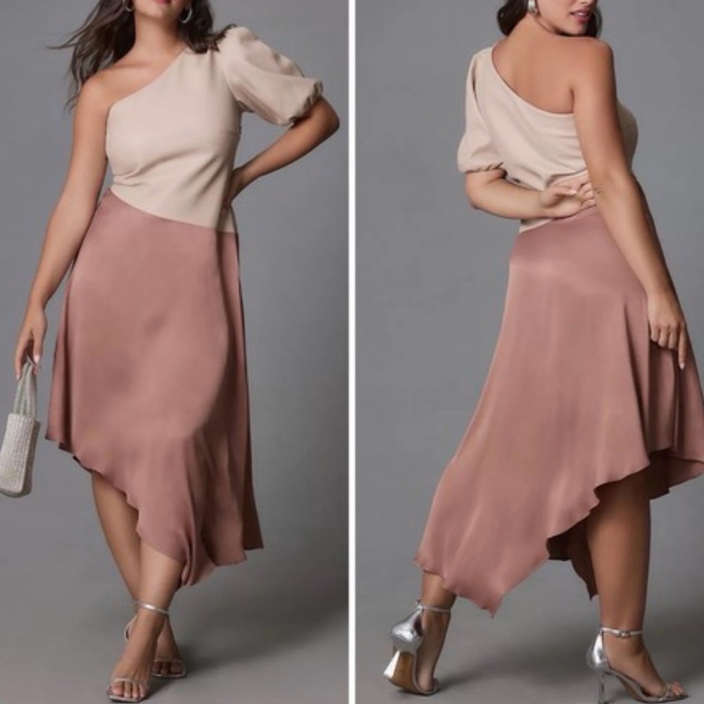 By Anthropologie Faux Leather Satin One Shoulder Asymmetric Midi Dress Size 10